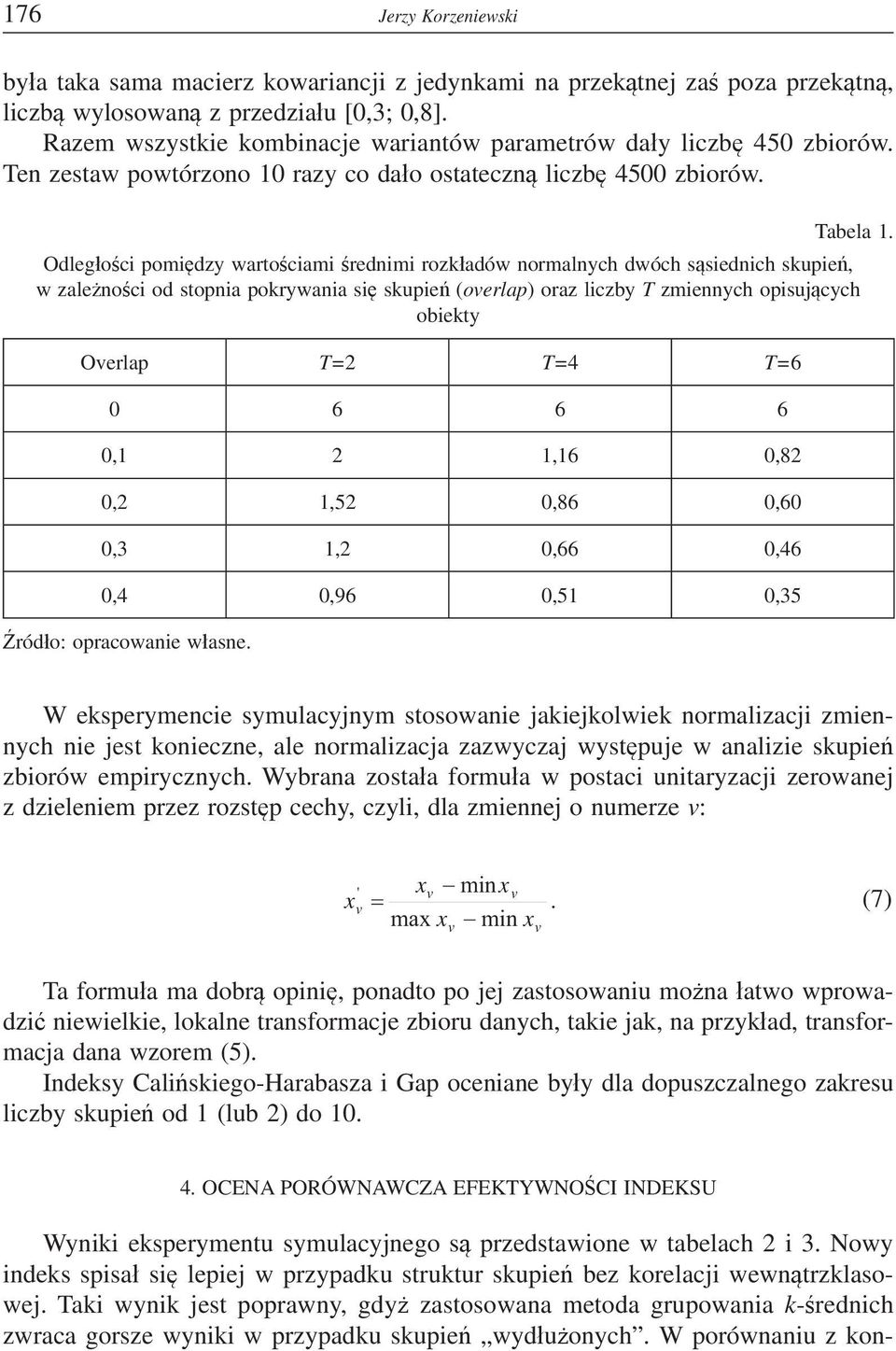 Odlegoci pomidzy wartociami rednimi rozkadów normalnych dwóch ssiednich skupie, w zalenoci od stopnia pokrywania si skupie (overlap) oraz liczby T zmiennych opisujcych obiekty Overlap T=2 T=4 T=6 0 6