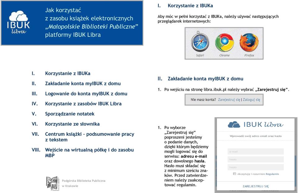 Logowanie do konta myibuk z domu II. Zakładanie konta myibuk z domu 1. Po wejściu na stronę libra.ibuk.pl należy wybrać Zarejestruj się. IV. Korzystanie z zasobów IBUK Libra V.