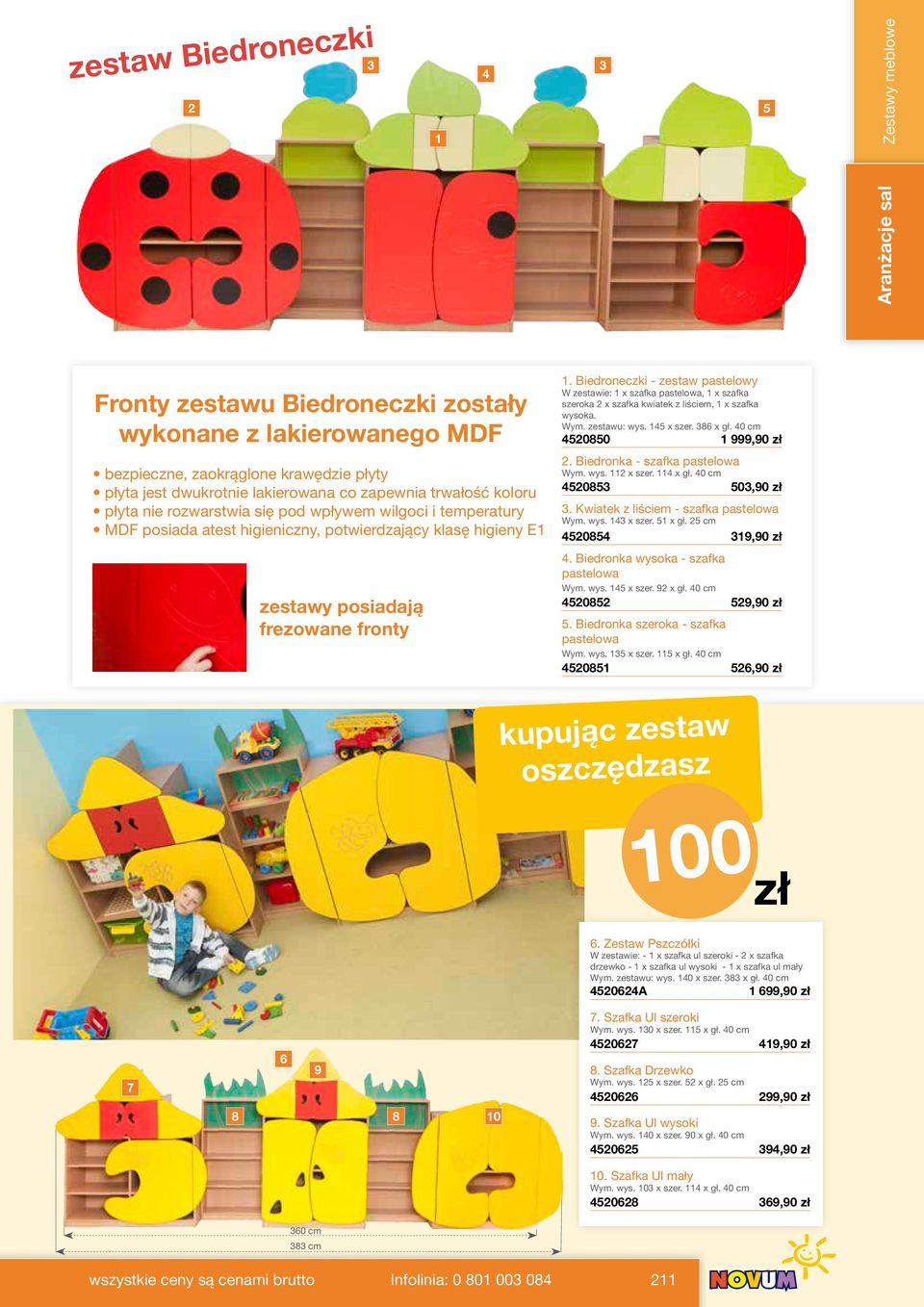 Biedroneczki - zestaw pastelowy W zestawie: x szafka pastelowa, x szafka szeroka 2 x szafka kwiatek z liściem, x szafka wysoka. Wym. zestawu: wys. 45 x szer. 386 x gł. 40 cm 4520850 999,90 zł 2.