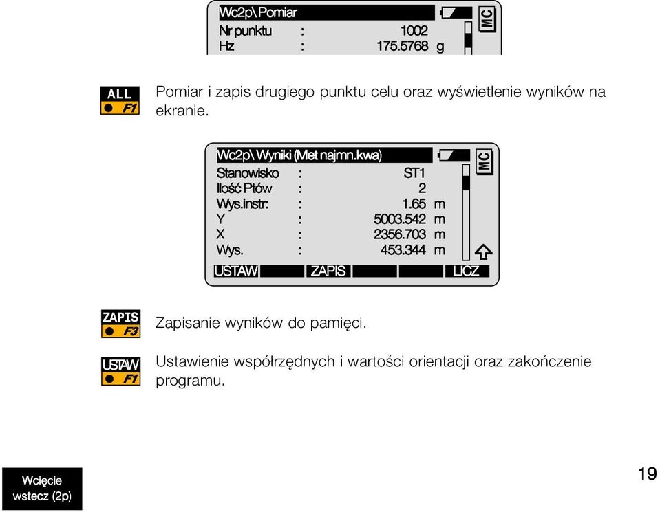 Wc2p\ Wyniki (Met najmn.kwa) Stanowisko : ST1 Ilość Ptów : 2 Wys.instr: : 1.65 m Y : 5003.