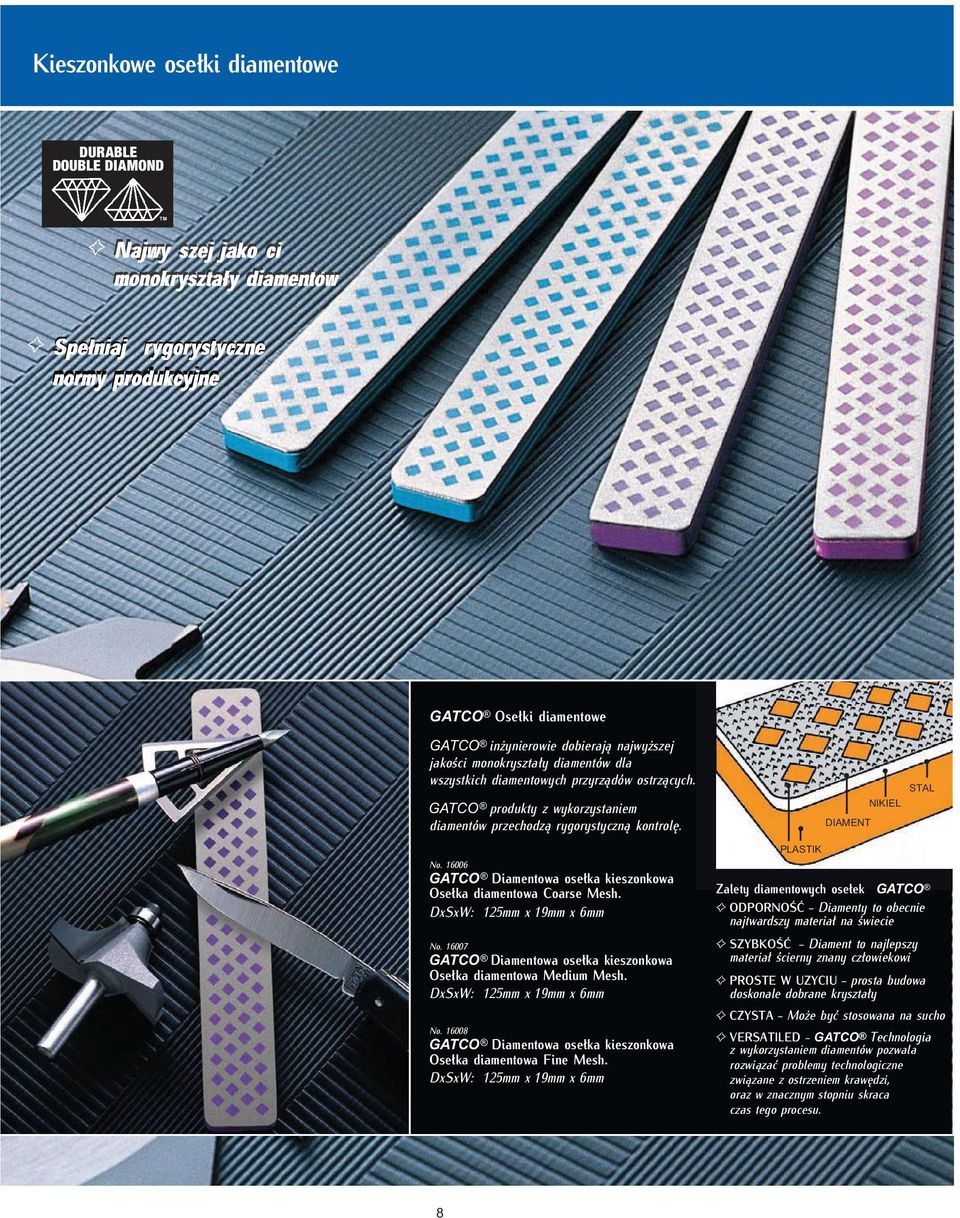 16006 GATCO Diamentowa osełka kieszonkowa Osełka diamentowa Coarse Mesh. DxSxW: 125mm x 19mm x 6mm No. 16007 GATCO Diamentowa osełka kieszonkowa Osełka diamentowa Medium Mesh.