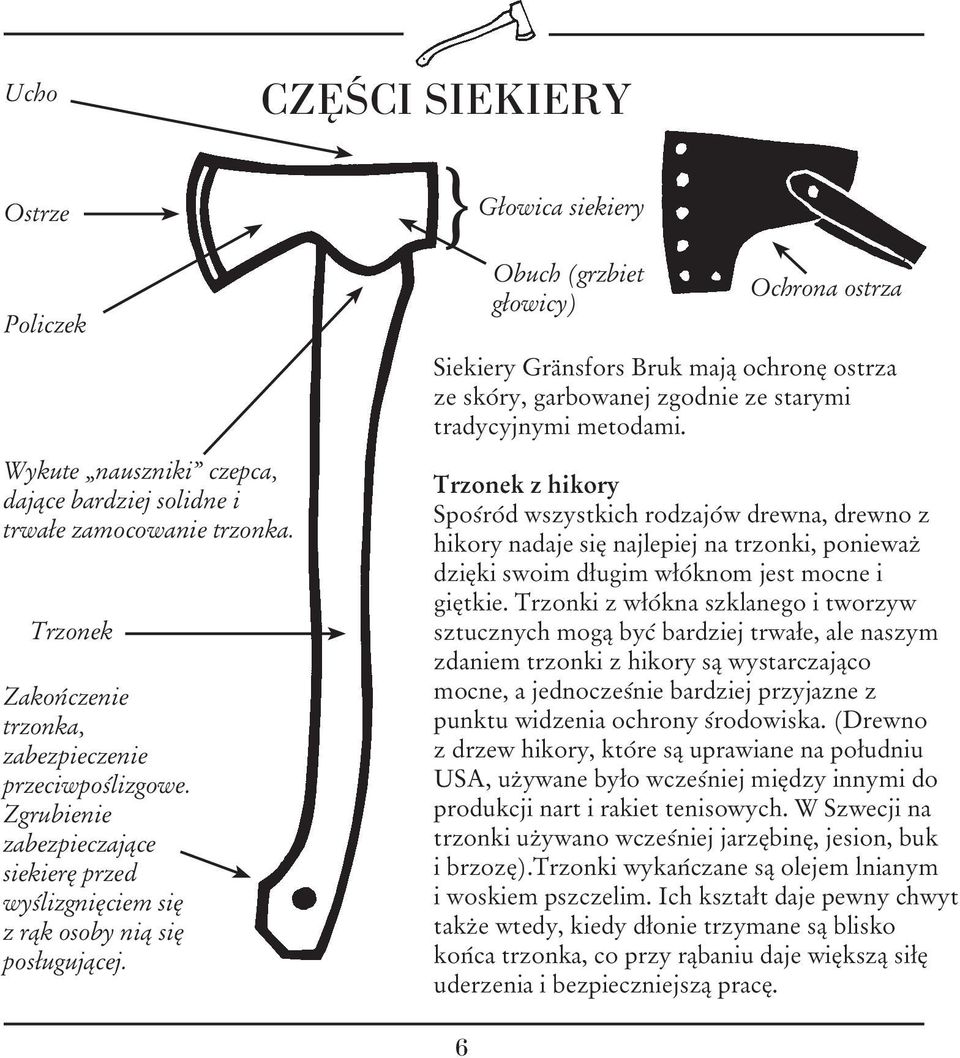 CZĘŚCI SIEKIERY } 6 Głowica siekiery Obuch (grzbiet głowicy) Ochrona ostrza Siekiery Gränsfors Bruk mają ochronę ostrza ze skóry, garbowanej zgodnie ze starymi tradycyjnymi metodami.