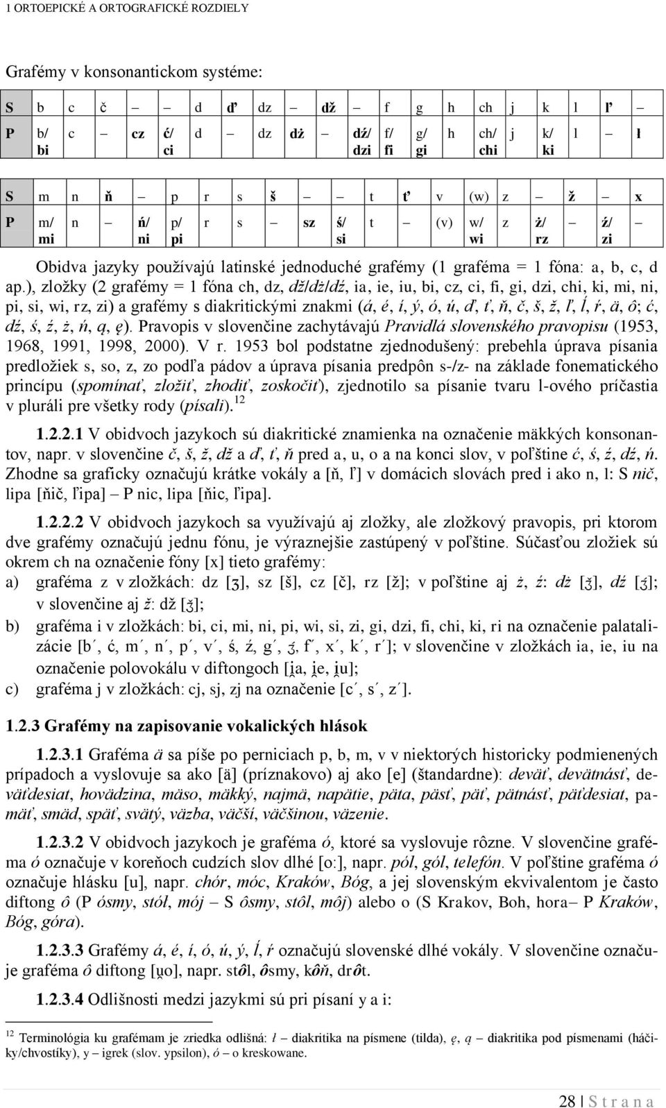 ), zložky (2 grafémy = 1 fóna ch, dz, dž/dż/dź, ia, ie, iu, bi, cz, ci, fi, gi, dzi, chi, ki, mi, ni, pi, si, wi, rz, zi) a grafémy s diakritickými znakmi (á, é, í, ý, ó, ú, ď, ť, ň, č, š, ž, ľ, ĺ,