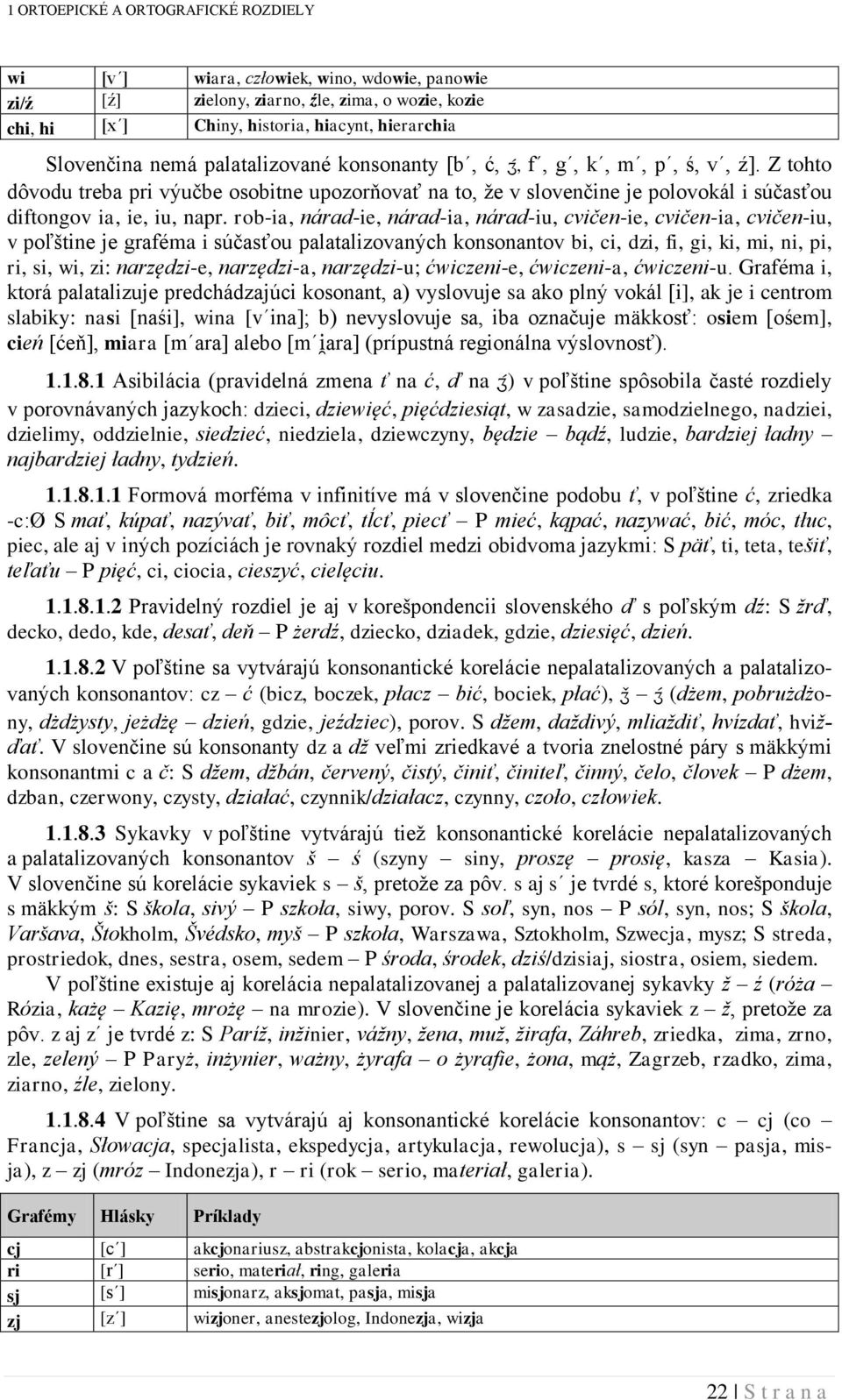 rob-ia, nárad-ie, nárad-ia, nárad-iu, cvičen-ie, cvičen-ia, cvičen-iu, v poľštine je graféma i súčasťou palatalizovaných konsonantov bi, ci, dzi, fi, gi, ki, mi, ni, pi, ri, si, wi, zi: narzędzi-e,