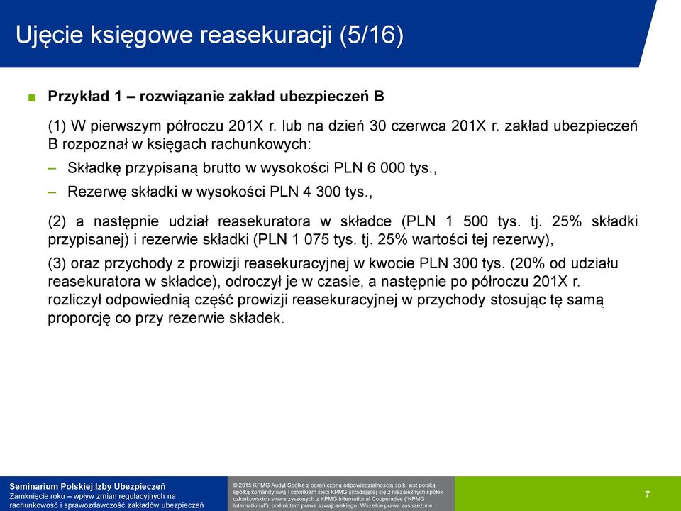 , (2) a następnie udział reasekuratora w składce (PLN 1 500 tys. tj. 25% składki przypisanej) i rezerwie składki (PLN 1 075 tys. tj. 25% wartości tej rezerwy), (3) oraz przychody z prowizji reasekuracyjnej w kwocie PLN 300 tys.