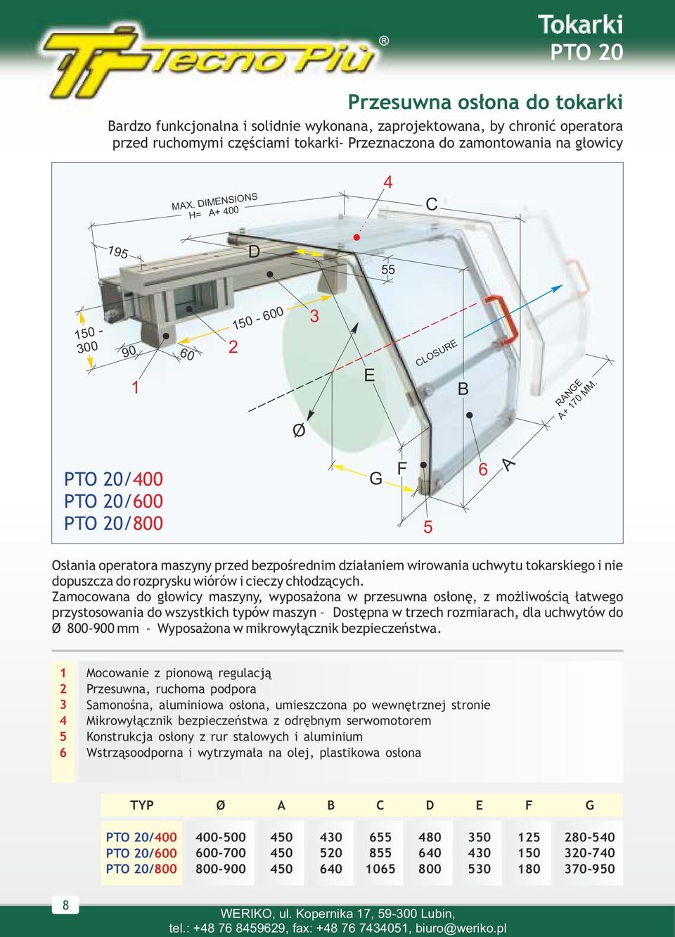 PTO 0/00 PTO 0/00 PTO 0/800 G F Osłania operatora maszyny przed bezpośrednim działaniem wirowania uchwytu tokarskiego i nie dopuszcza do rozprysku wiórów i cieczy chłodzących.