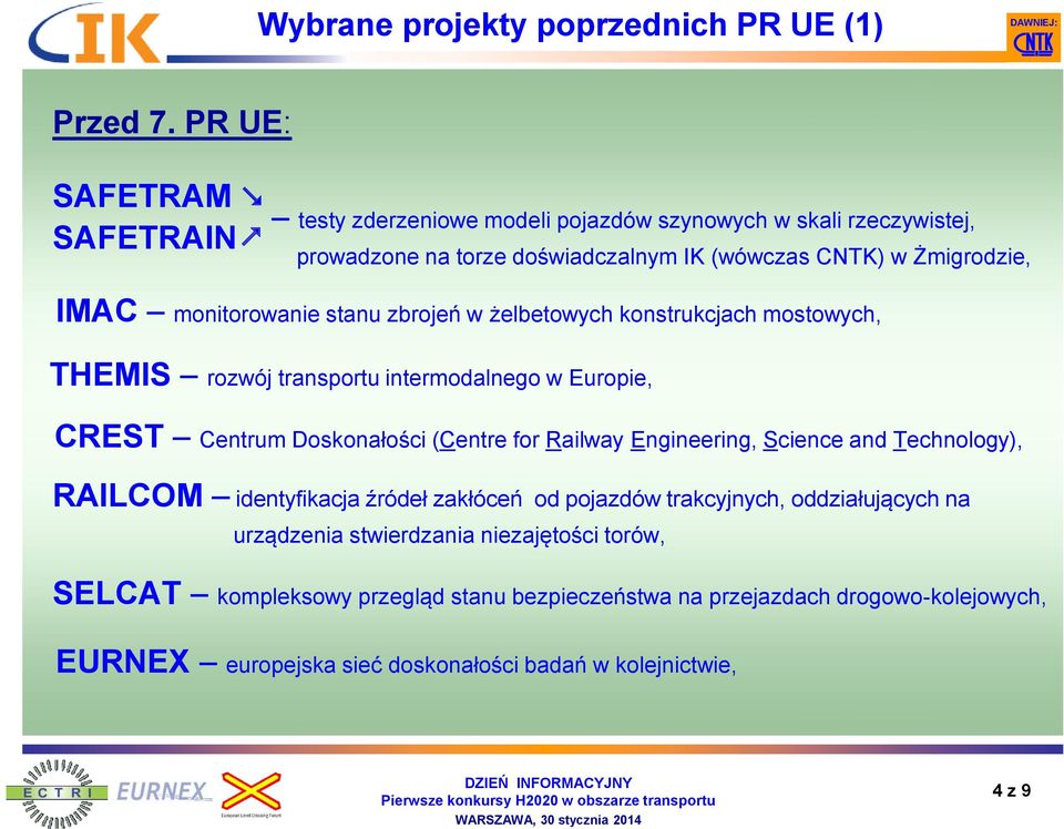 monitorowanie stanu zbrojeń w żelbetowych konstrukcjach mostowych, THEMIS rozwój transportu intermodalnego w Europie, CREST Centrum Doskonałości (Centre for Railway