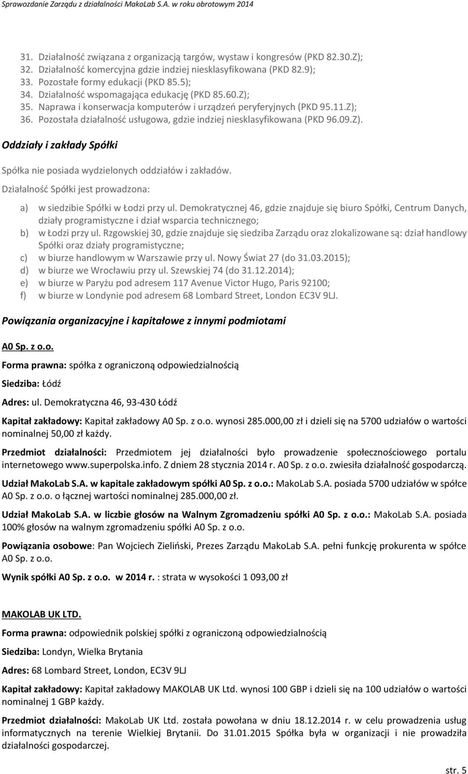Pozostała działalność usługowa, gdzie indziej niesklasyfikowana (PKD 96.09.Z). Oddziały i zakłady Spółki Spółka nie posiada wydzielonych oddziałów i zakładów.