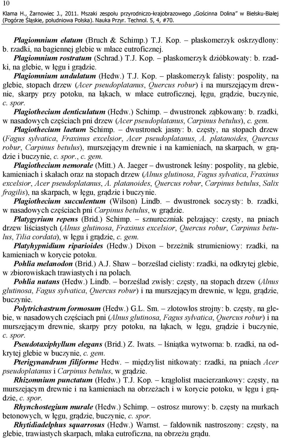 płaskomerzyk dzióbkowaty: b. rzadki, na glebie, w łęgu i grądzie. Plagiomnium undulatum (Hedw.) T.J. Kop.