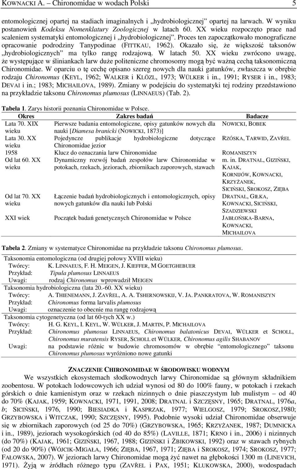 Okazało się, Ŝe większość taksonów hydrobiologicznych ma tylko rangę rodzajową. W latach 50.
