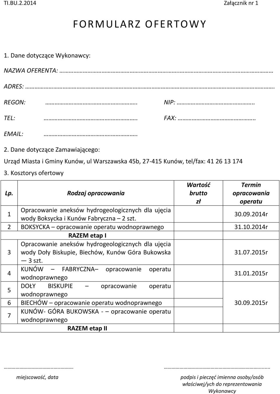 Rodzaj opracowania Wartość brutto zł Termin opracowania operatu 1 Opracowanie aneksów hydrogeologicznych dla ujęcia wody Boksycka i Kunów Fabryczna 2 szt. 30.09.