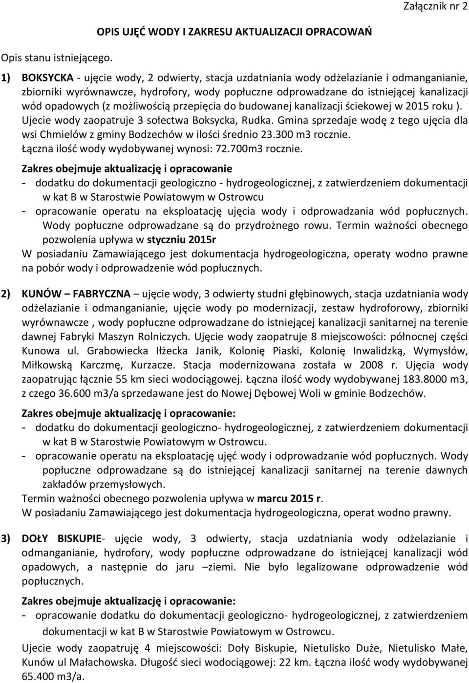 odprowadzane do istniejącej kanalizacji wód opadowych (z możliwością przepięcia do budowanej kanalizacji ściekowej w 2015 roku ). Ujecie wody zaopatruje 3 sołectwa Boksycka, Rudka.