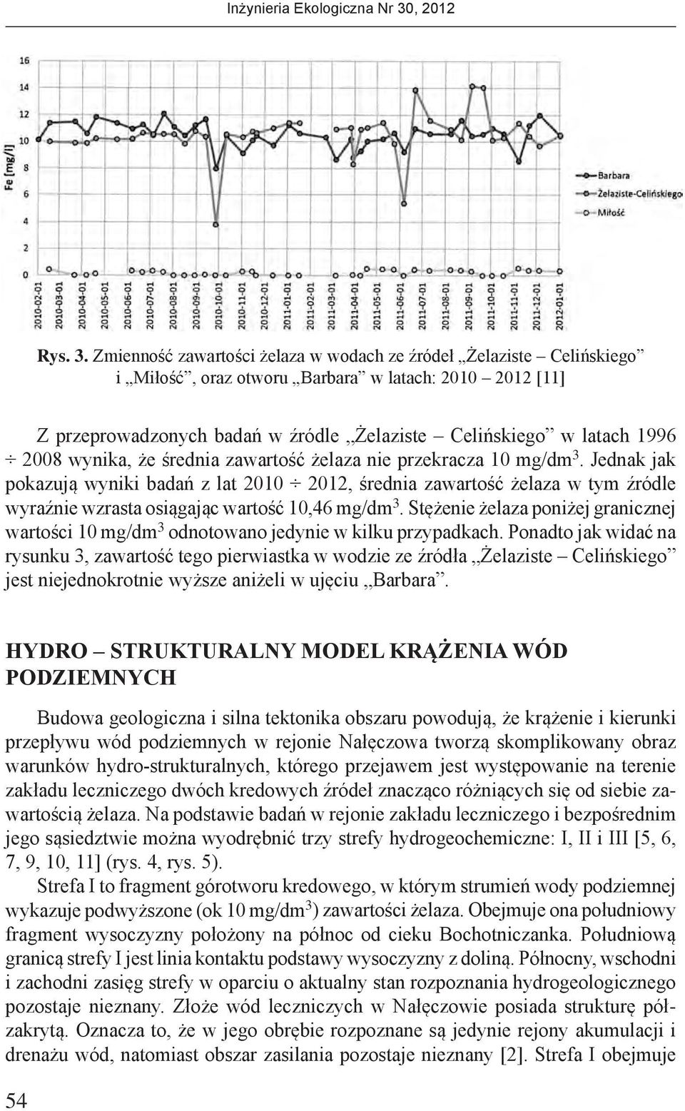 wynika, że średnia zawartość żelaza nie przekracza 10 mg/dm 3. Jednak jak pokazują wyniki badań z lat 2010 2012, średnia zawartość żelaza w tym źródle wyraźnie wzrasta osiągając wartość 10,46 mg/dm 3.