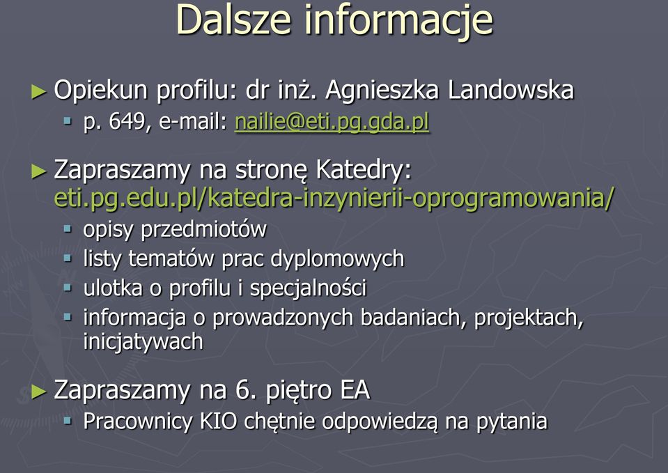 pl/katedra-inzynierii-oprogramowania/ opisy przedmiotów listy tematów prac dyplomowych ulotka o