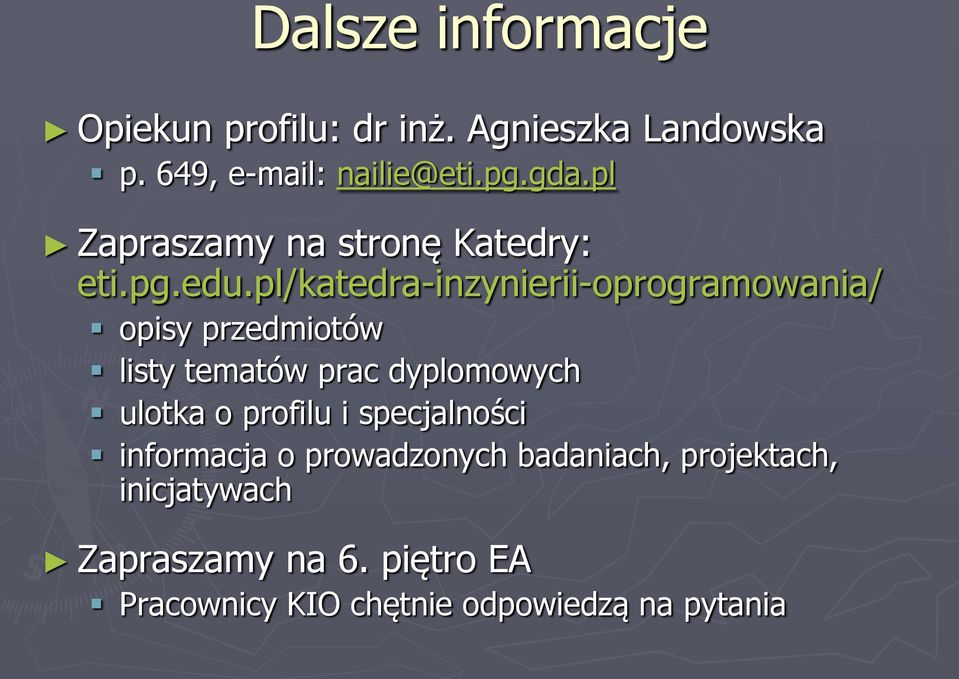 pl/katedra-inzynierii-oprogramowania/ opisy przedmiotów listy tematów prac dyplomowych ulotka o