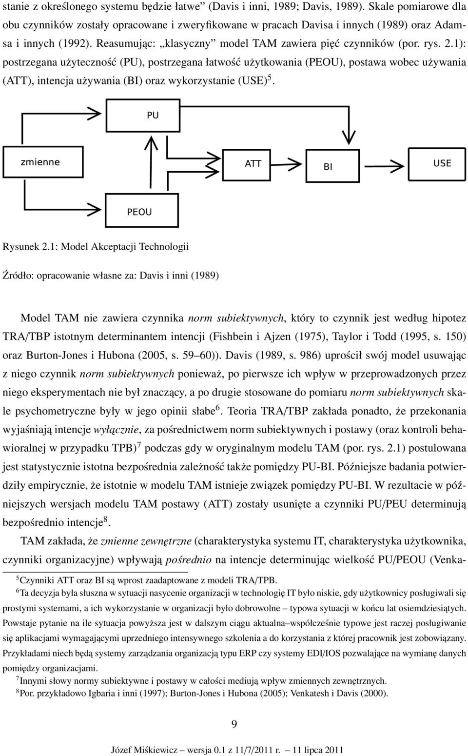 1): postrzegana użyteczność (PU), postrzegana łatwość użytkowania (PEOU), postawa wobec używania (ATT), intencja używania (BI) oraz wykorzystanie (USE) 5. Rysunek 2.
