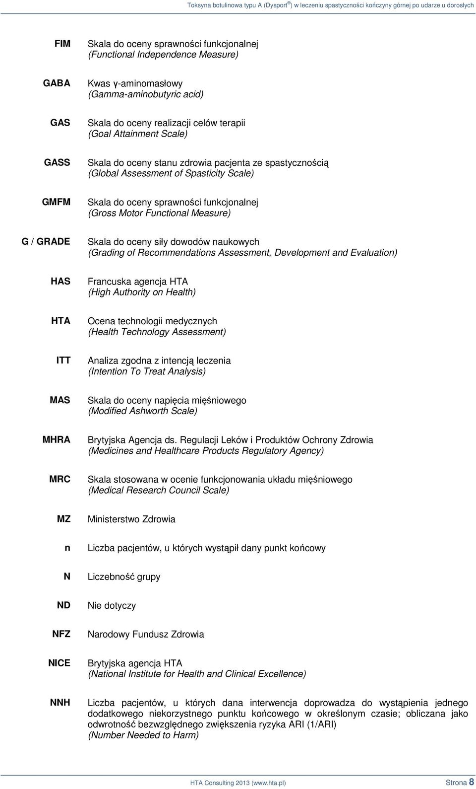 oceny siły dowodów naukowych (Grading of Recommendations Assessment, Development and Evaluation) HAS Francuska agencja HTA (High Authority on Health) HTA Ocena technologii medycznych (Health