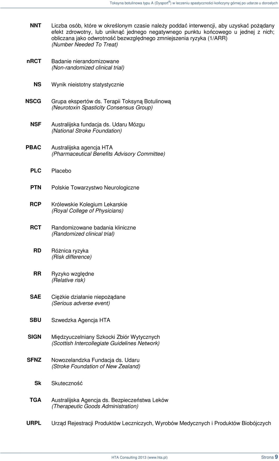 Terapii Toksyną Botulinową (Neurotoxin Spasticity Consensus Group) NSF Australijska fundacja ds.