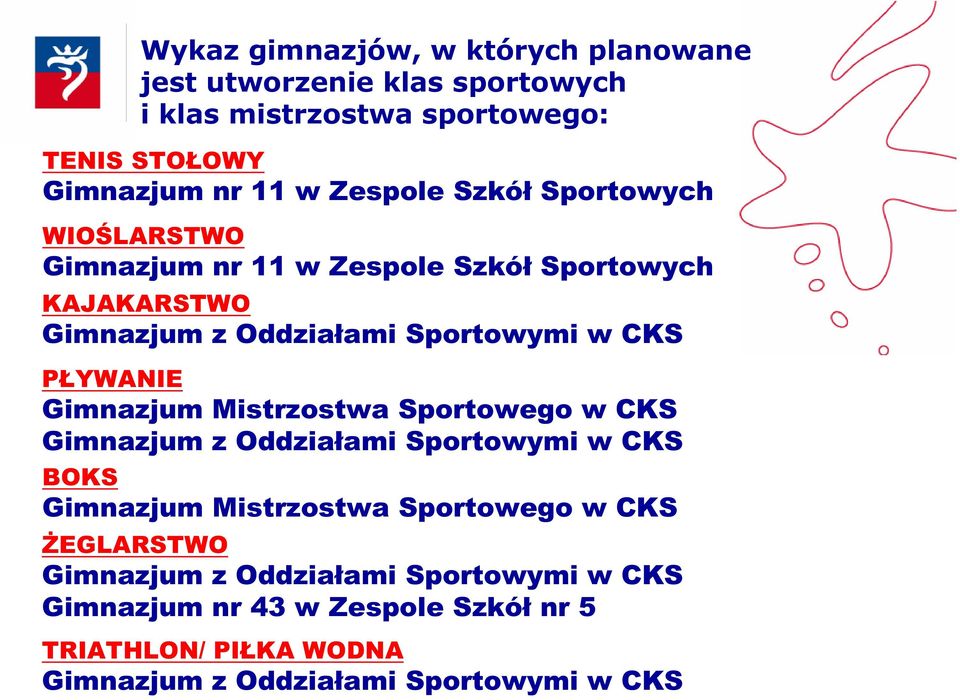 PŁYWANIE Gimnazjum Mistrzostwa Sportowego w CKS Gimnazjum z Oddziałami Sportowymi w CKS BOKS Gimnazjum Mistrzostwa Sportowego w CKS