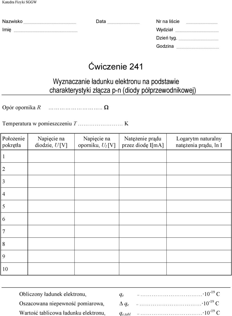 . Ω Temperatura w pomieszczeniu T K Położenie pokrętła Napięcie na diodzie, U [V] Napięcie na oporniku, U I [V] Natężenie prądu przez diodę