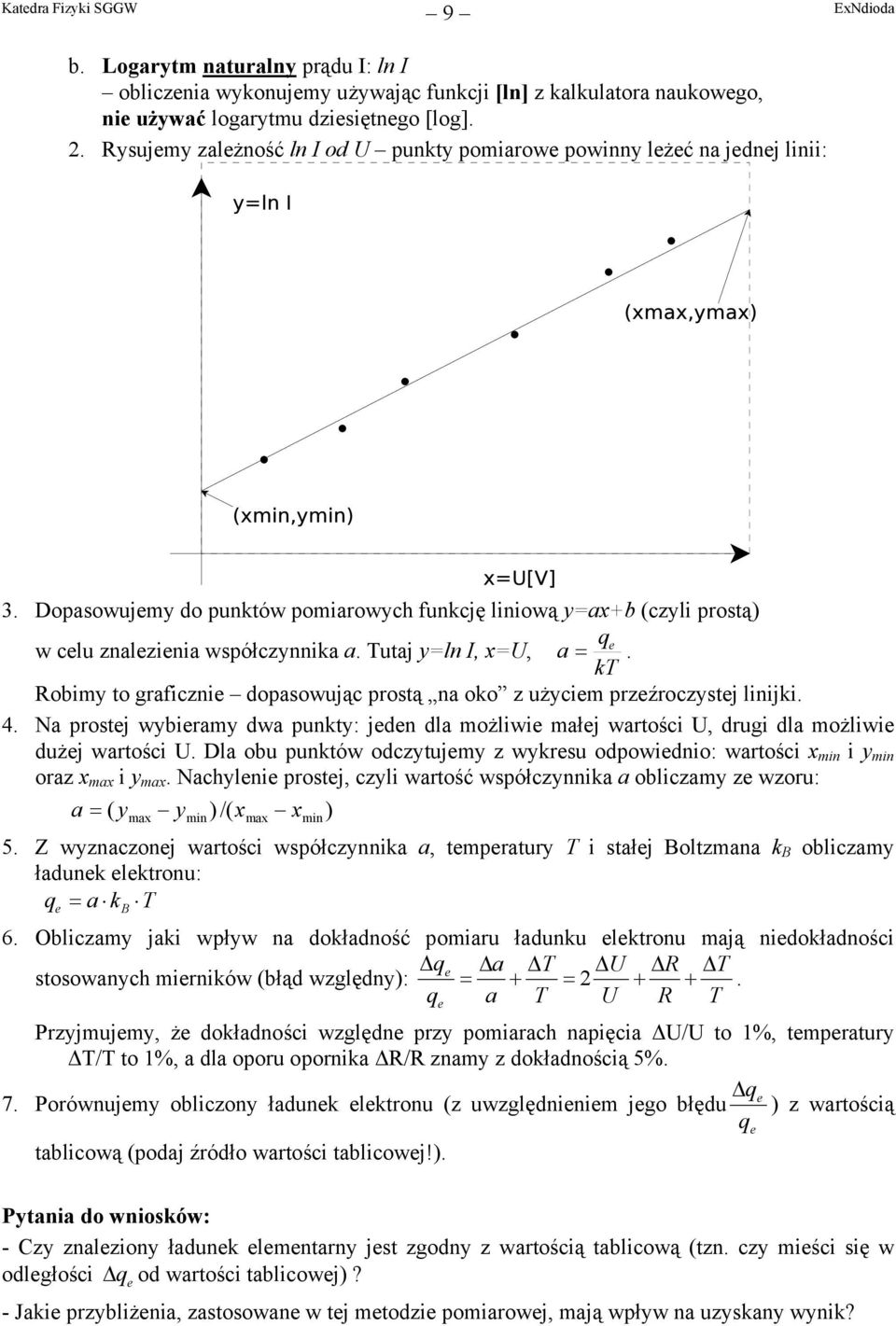 Tutaj y=ln I, x=u, a =. kt Robimy to graficznie dopasowując prostą na oko z użyciem przeźroczystej linijki. 4.