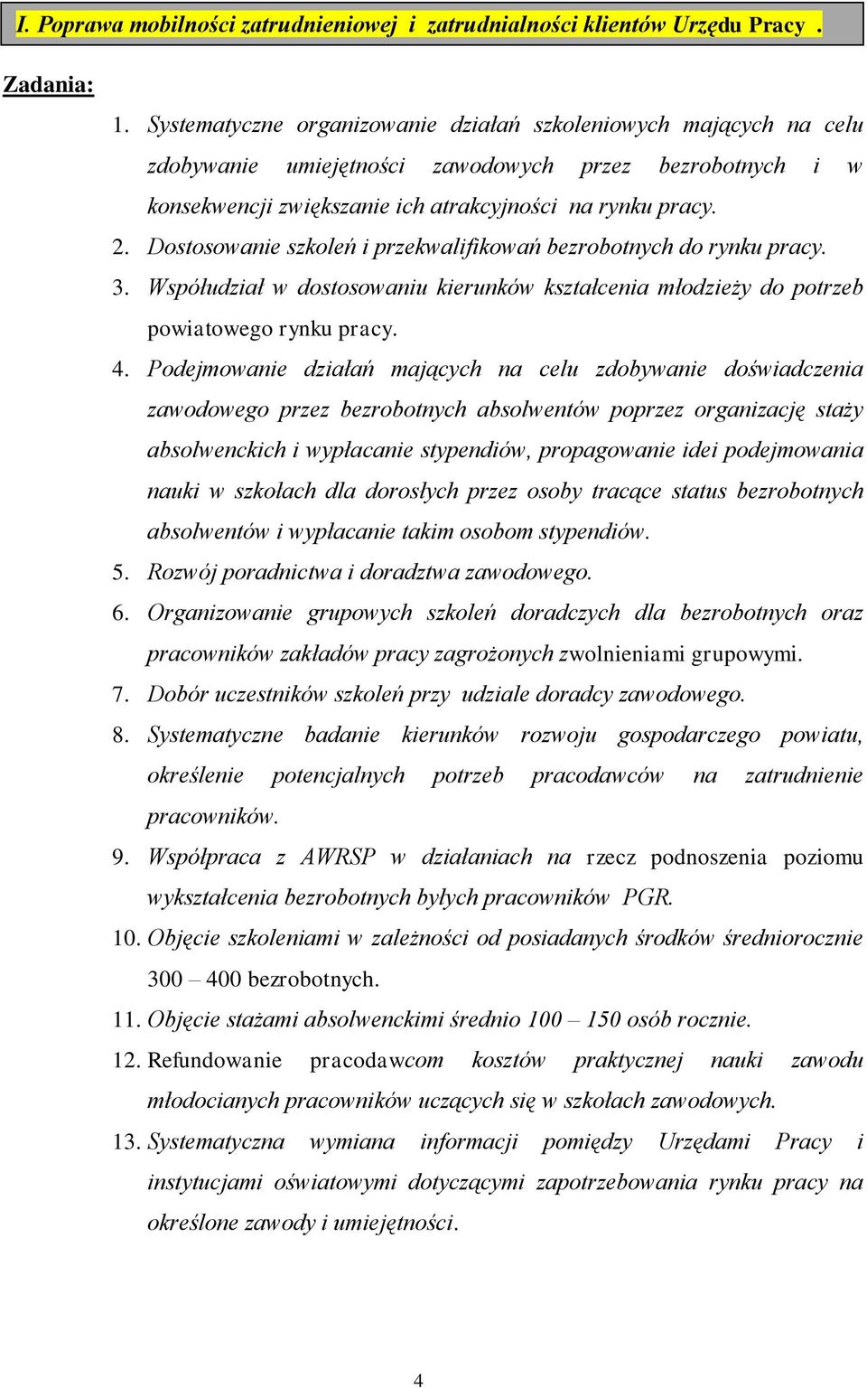 Dostosowanie szkoleń i przekwalifikowań bezrobotnych do rynku pracy. 3. Współudział w dostosowaniu kierunków kształcenia młodzieży do potrzeb powiatowego rynku pracy. 4.