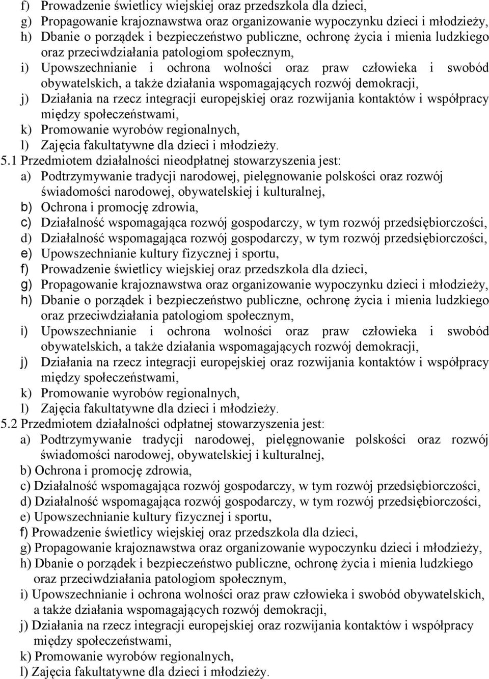 demokracji, j) Działania na rzecz integracji europejskiej oraz rozwijania kontaktów i współpracy między społeczeństwami, k) Promowanie wyrobów regionalnych, l) Zajęcia fakultatywne dla dzieci i