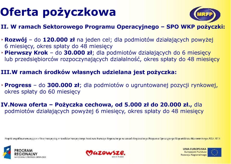 000 zł; dla podmiotów działających do 6 miesięcy lub przedsiębiorców rozpoczynających działalność, okres spłaty do 48 miesięcy III.