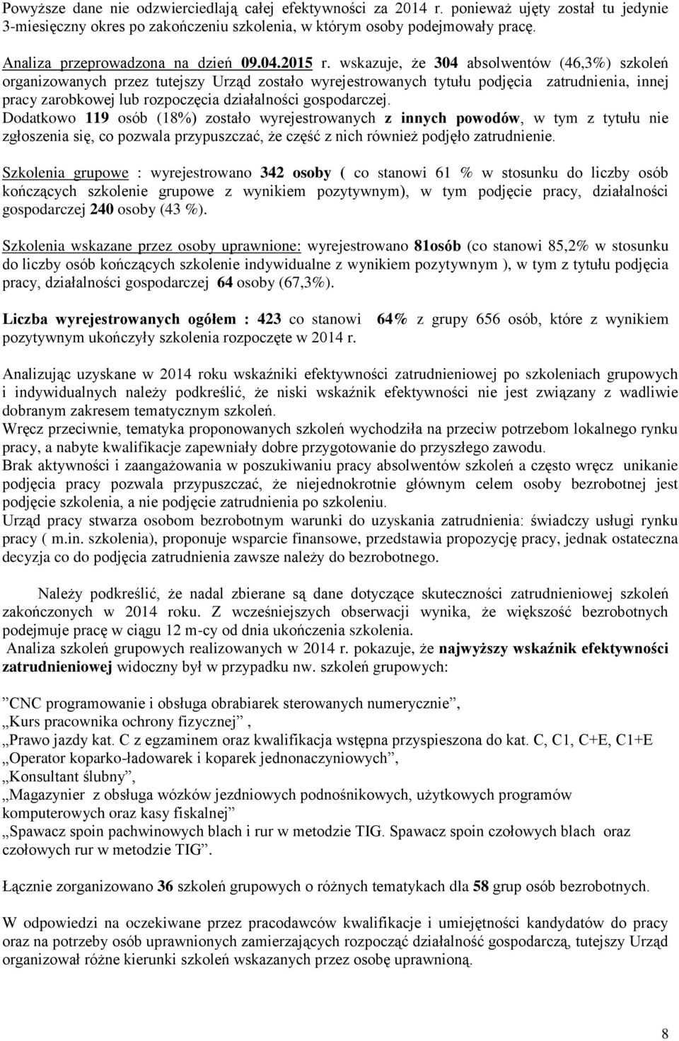 wskazuje, że 304 absolwentów (46,3%) szkoleń organizowanych przez tutejszy Urząd zostało wyrejestrowanych tytułu podjęcia zatrudnienia, innej pracy zarobkowej lub rozpoczęcia działalności