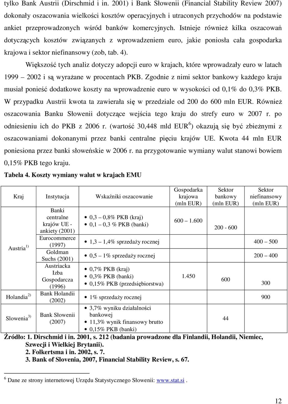 Istnieje równieŝ kilka oszacowań dotyczących kosztów związanych z wprowadzeniem euro, jakie poniosła cała gospodarka krajowa i sektor niefinansowy (zob, tab. 4).