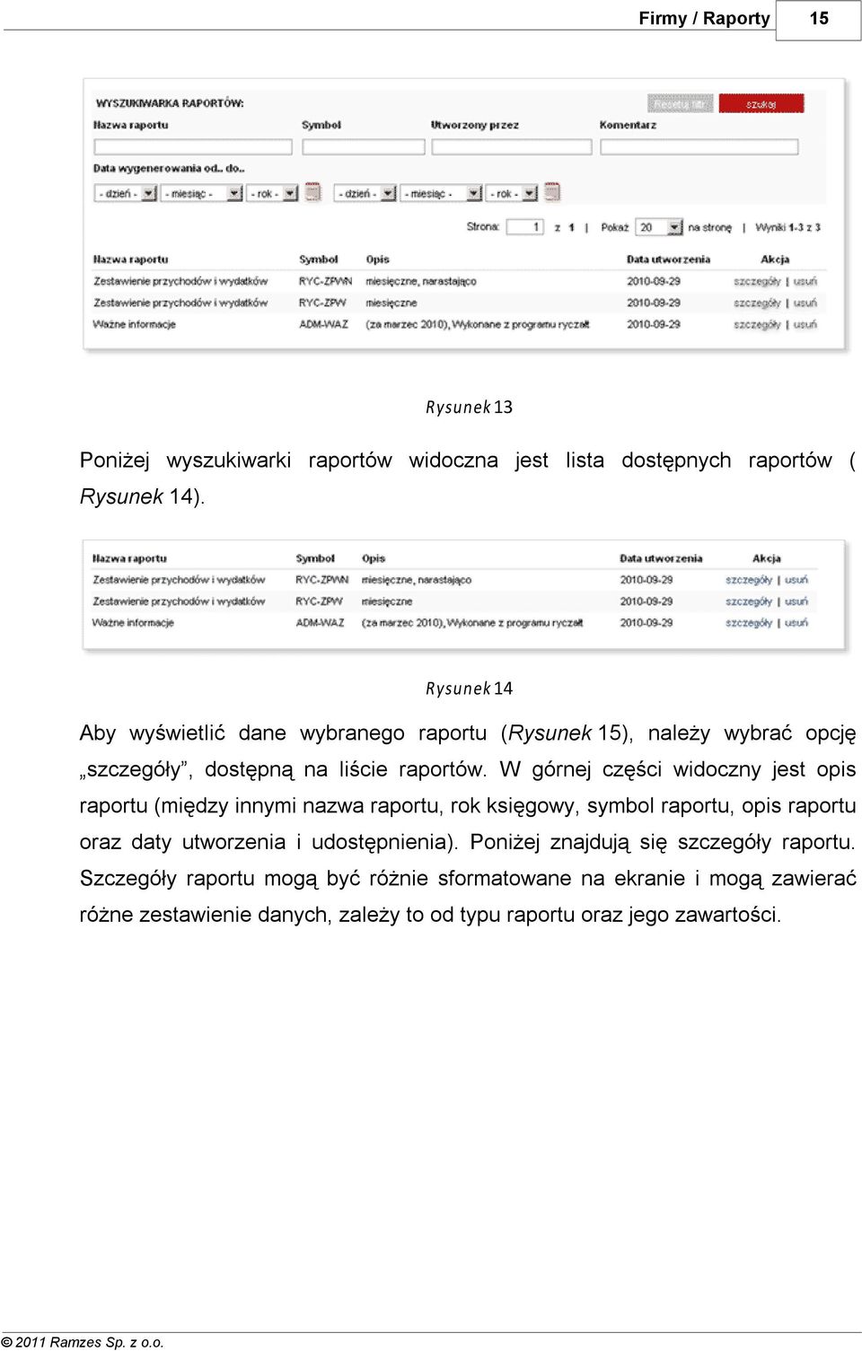 W górnej części widoczny jest opis raportu (między innymi nazwa raportu, rok księgowy, symbol raportu, opis raportu oraz daty utworzenia i