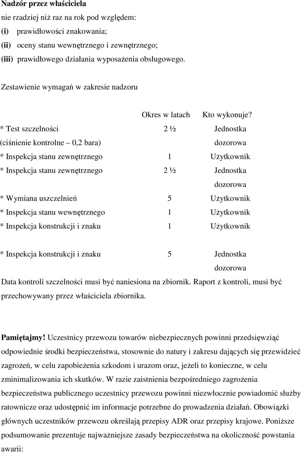 * Test szczelności (ciśnienie kontrolne 0,2 bara) 2 ½ Jednostka dozorowa * Inspekcja stanu zewnętrznego 1 UŜytkownik * Inspekcja stanu zewnętrznego 2 ½ Jednostka dozorowa * Wymiana uszczelnień 5