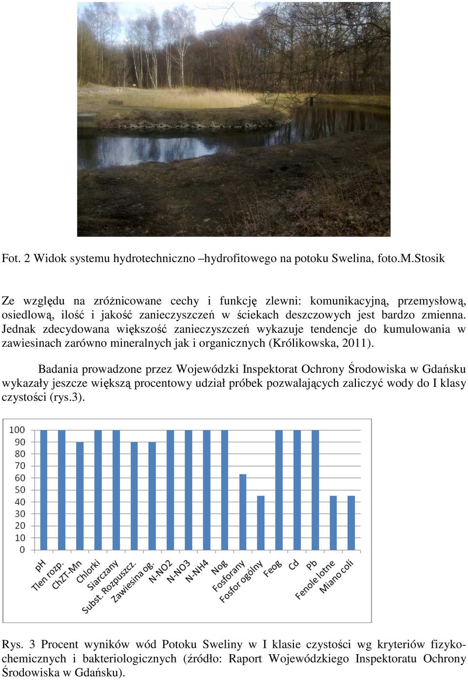 Badania prowadzone przez Wojewódzki Inspektorat Ochrony Środowiska w Gdańsku wykazały jeszcze większą procentowy udział próbek pozwalających zaliczyć wody do I klasy czystości (rys.3). Rys.