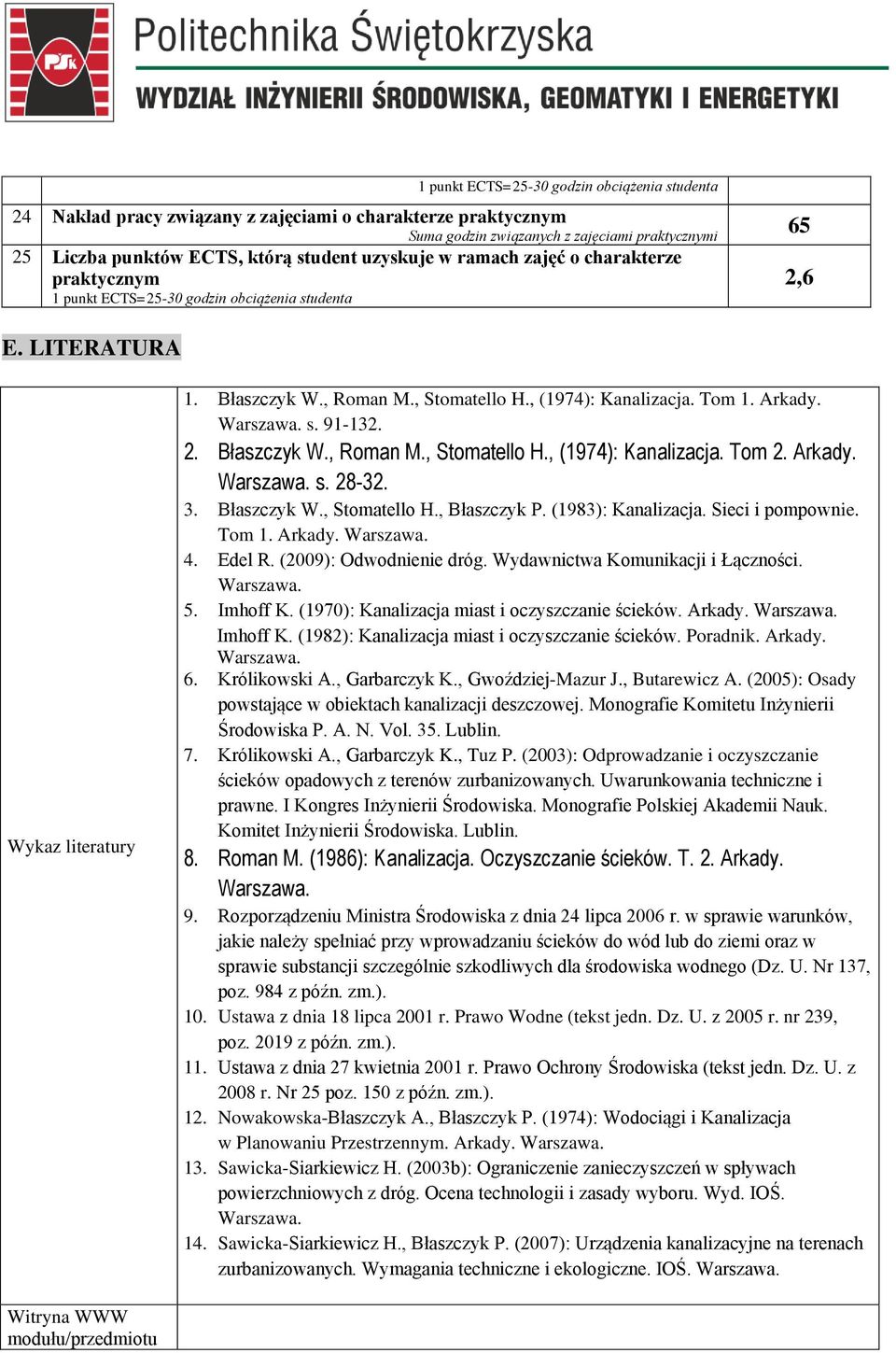 Arkady. s. 91-132. 2. Błaszczyk W., Roman M., Stomatello H., (1974): Kanalizacja. Tom 2. Arkady. s. 28-32. 3. Błaszczyk W., Stomatello H., Błaszczyk P. (1983): Kanalizacja. Sieci i pompownie. Tom 1.