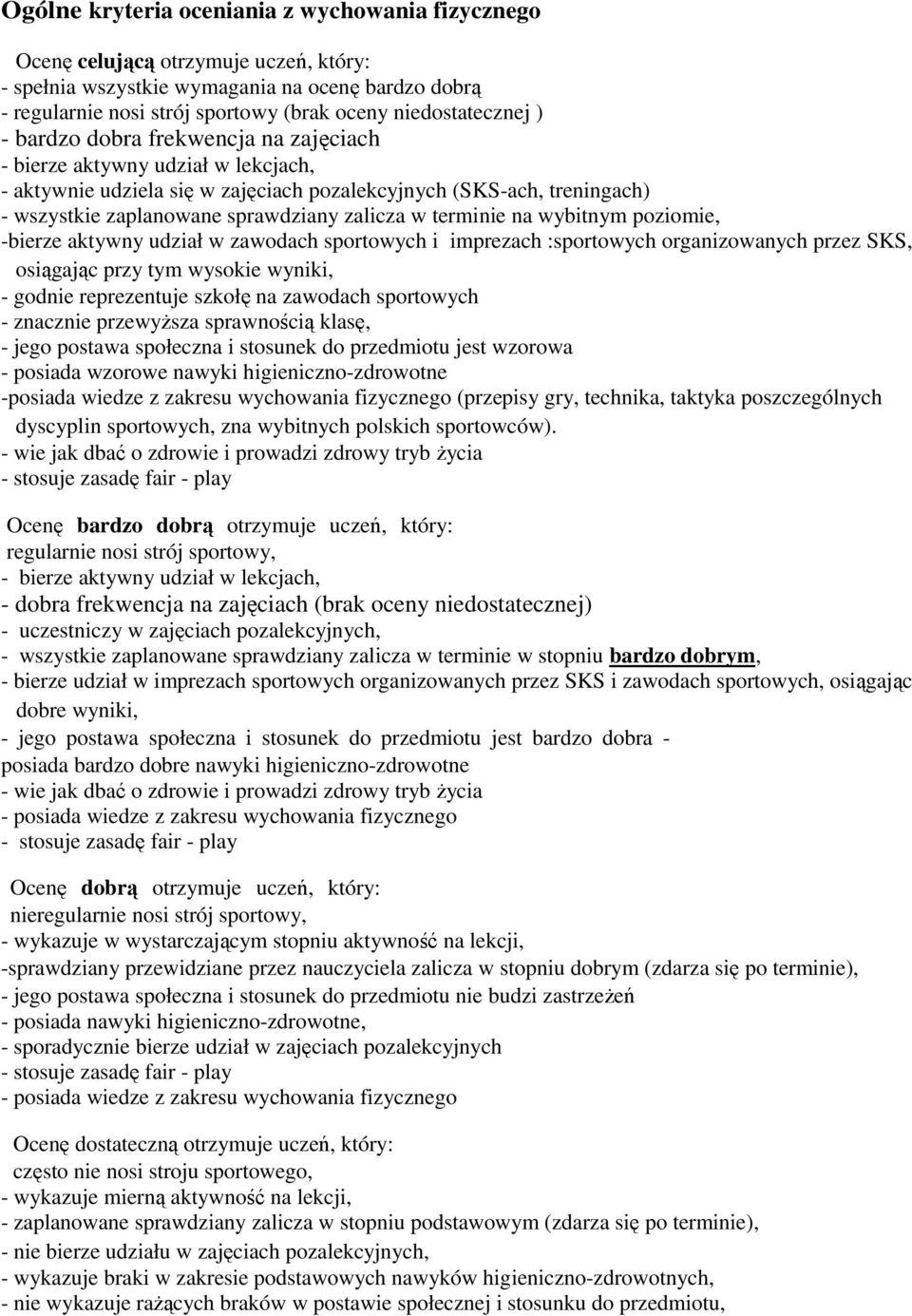 sprawdziany zalicza w terminie na wybitnym poziomie, -bierze aktywny udział w zawodach sportowych i imprezach :sportowych organizowanych przez SKS, osiągając przy tym wysokie wyniki, - godnie