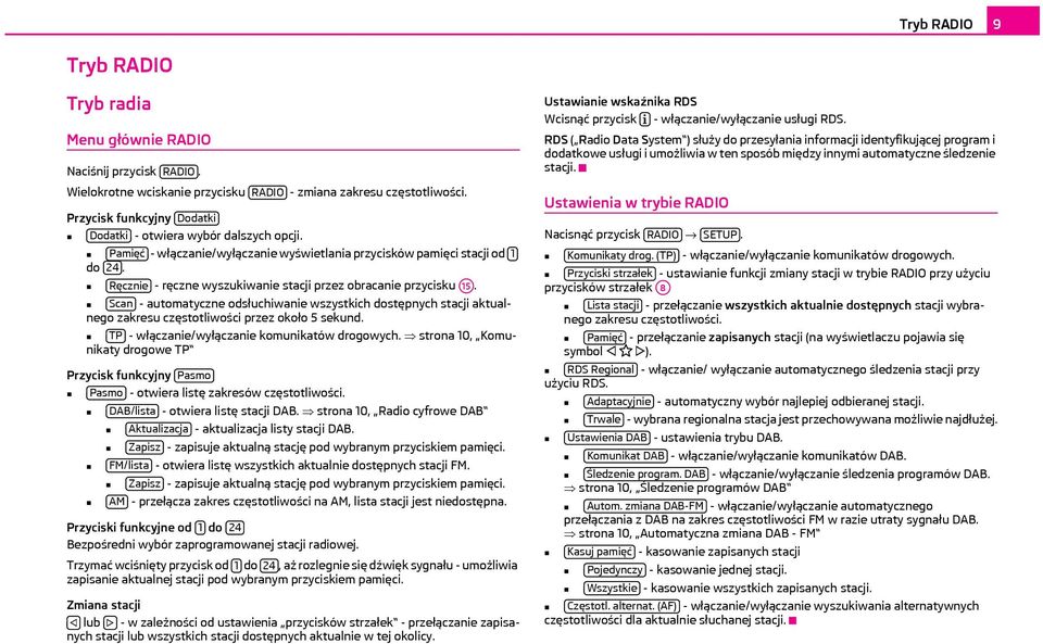 Ręcznie - ręczne wyszukiwanie stacji przez obracanie przycisku A15. Scan - automatyczne odsłuchiwanie wszystkich dostępnych stacji aktualnego zakresu częstotliwości przez około 5 sekund.