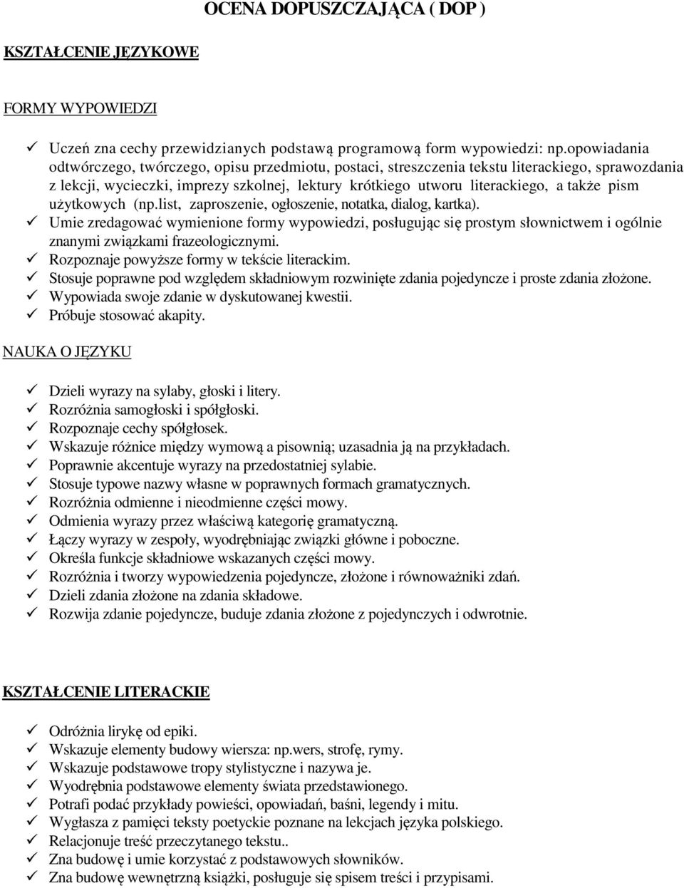 pism użytkowych (np.list, zaproszenie, ogłoszenie, notatka, dialog, kartka).