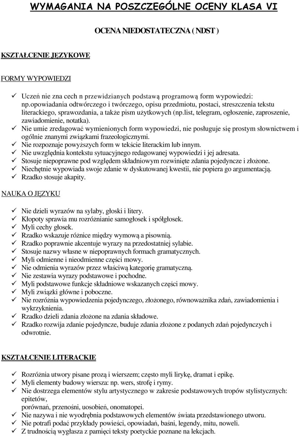 list, telegram, ogłoszenie, zaproszenie, zawiadomienie, notatka). Nie umie zredagować wymienionych form wypowiedzi, nie posługuje się prostym słownictwem i ogólnie znanymi związkami frazeologicznymi.