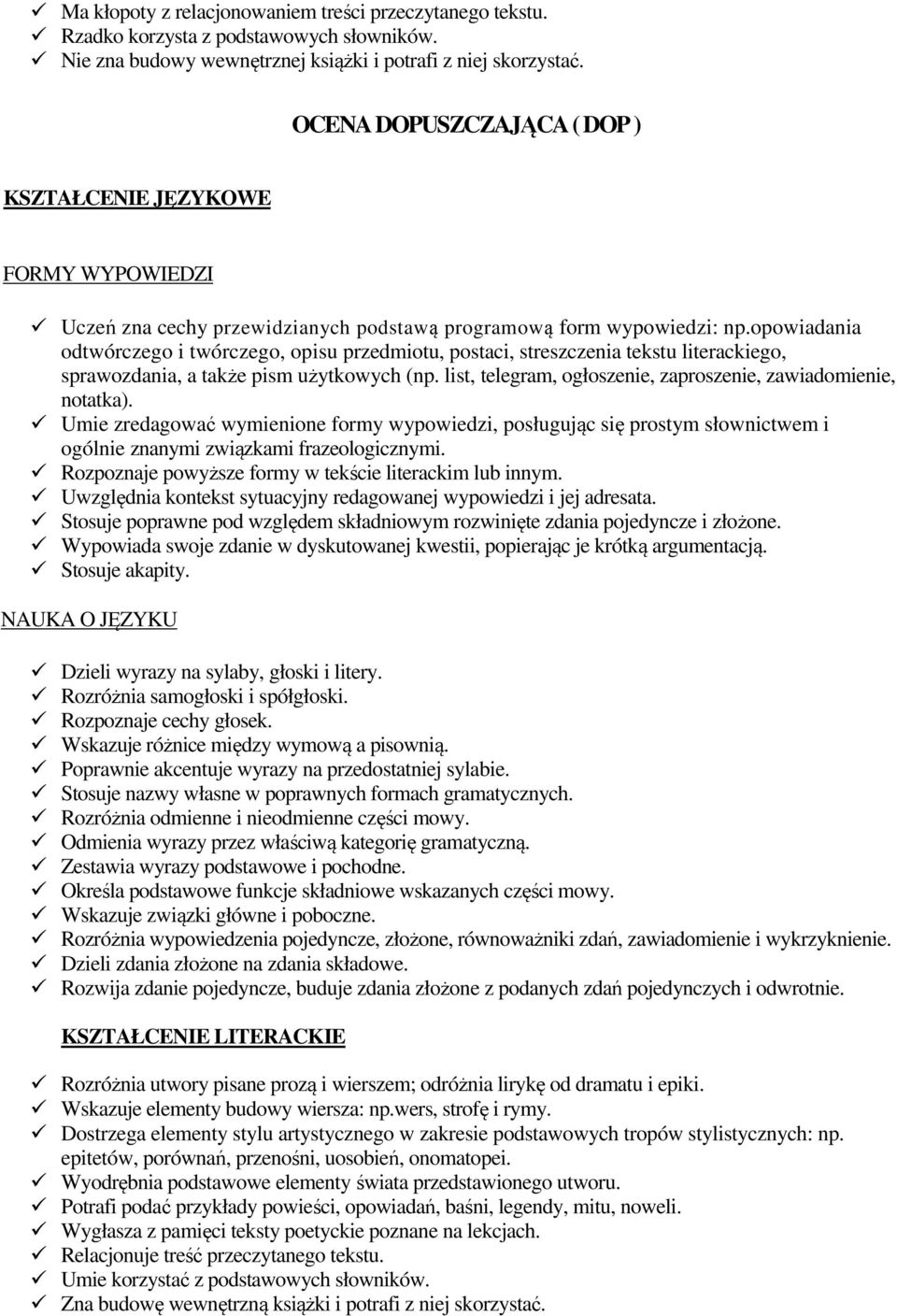 opowiadania odtwórczego i twórczego, opisu przedmiotu, postaci, streszczenia tekstu literackiego, sprawozdania, a także pism użytkowych (np.