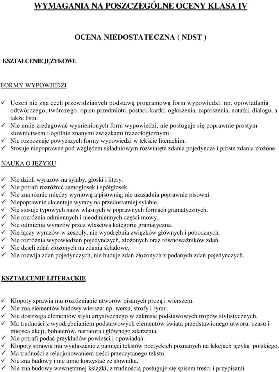 Nie umie zredagować wymienionych form wypowiedzi, nie posługuje się poprawnie prostym słownictwem i ogólnie znanymi związkami frazeologicznymi.