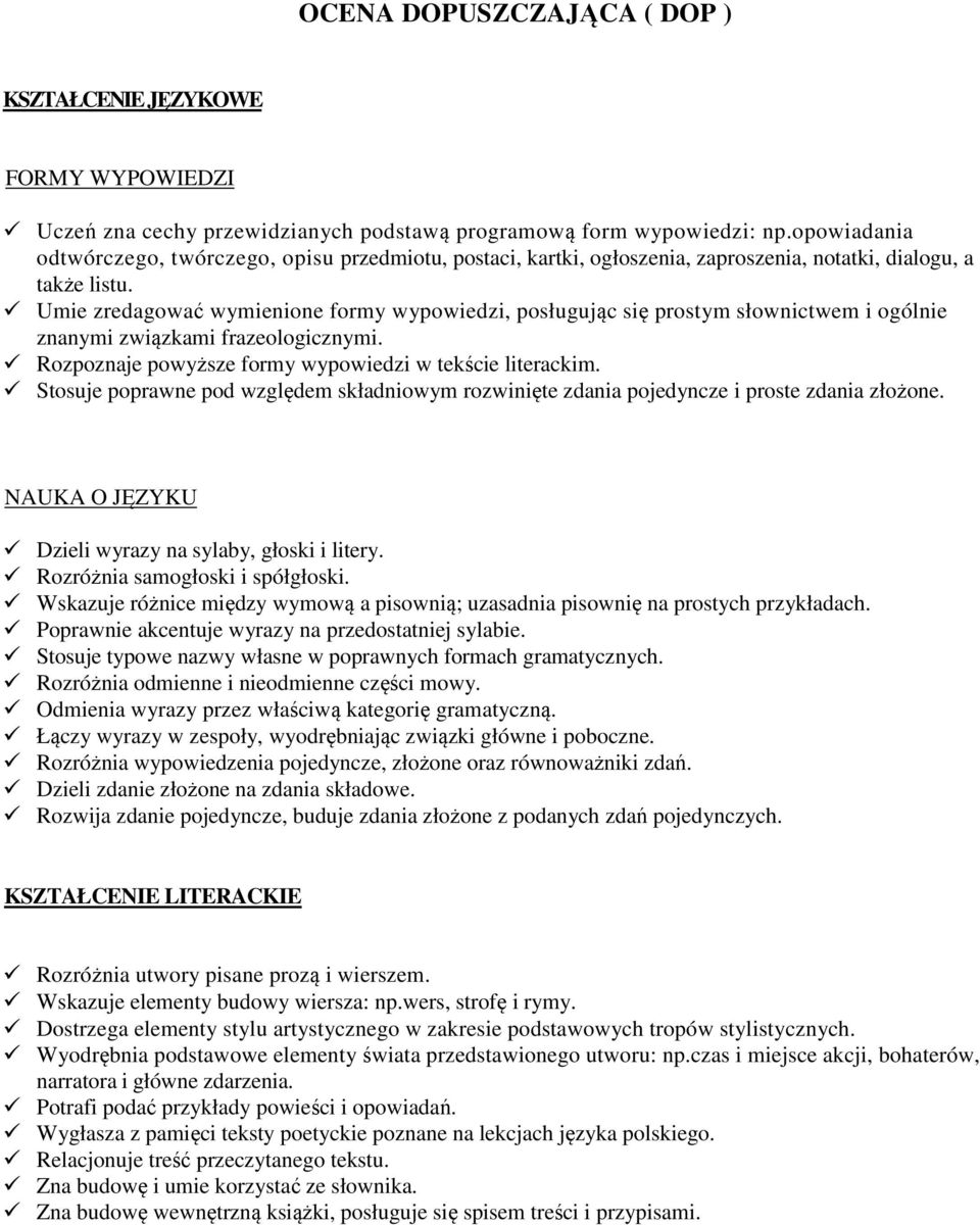 Umie zredagować wymienione formy wypowiedzi, posługując się prostym słownictwem i ogólnie znanymi związkami frazeologicznymi. Rozpoznaje powyższe formy wypowiedzi w tekście literackim.