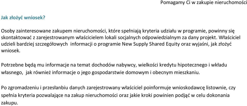 projekt. Właściciel udzieli bardziej szczegółowych informacji o programie New Supply Shared Equity oraz wyjaśni, jak złożyd wniosek.