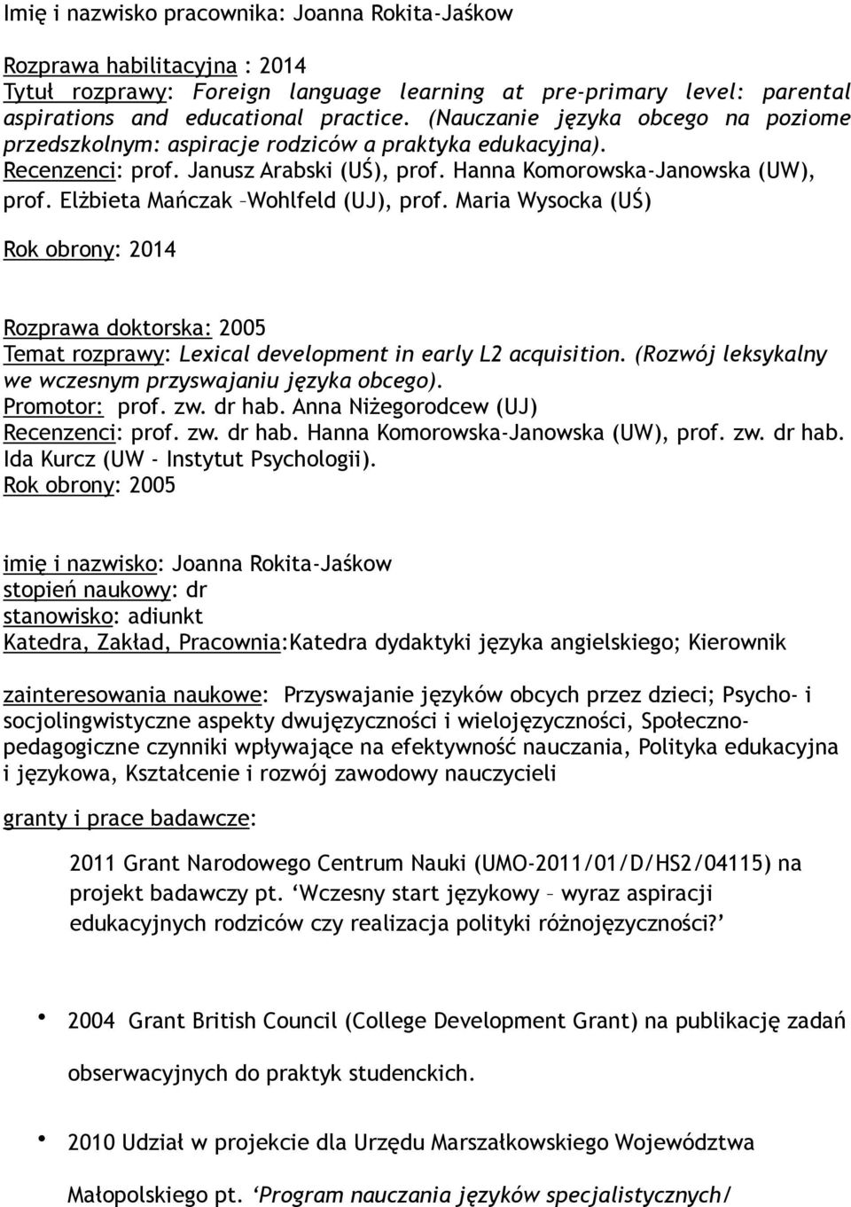 Elżbieta Mańczak Wohlfeld (UJ), prof. Maria Wysocka (UŚ) Rok obrony: 2014 Rozprawa doktorska: 2005 Temat rozprawy: Lexical development in early L2 acquisition.