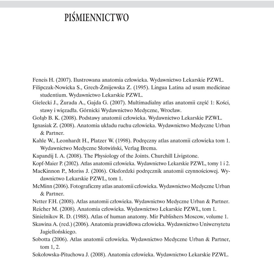 Podstawy anatomii człowieka. Wydawnictwo Lekarskie PZWL. Ignasiak Z. (2008). Anatomia układu ruchu człowieka. Wydawnictwo Medyczne Urban & Partner. Kahle W., Leonhardt H., Platzer W. (1998).