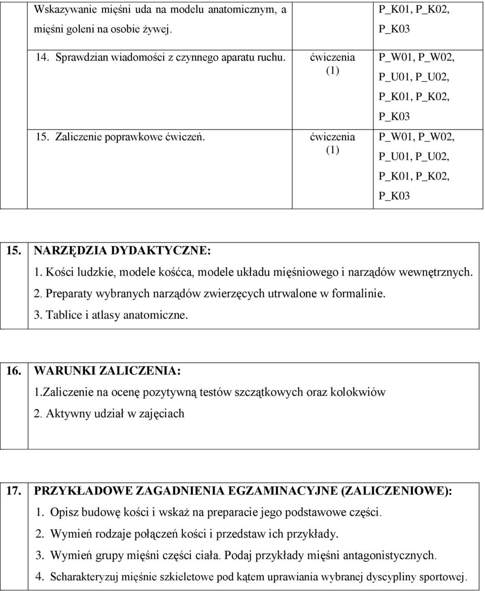 WARUNKI ZALICZENIA: 1.Zaliczenie na ocenę pozytywną testów szczątkowych oraz kolokwiów 2. Aktywny udział w zajęciach 17. PRZYKŁADOWE ZAGADNIENIA EGZAMINACYJNE (ZALICZENIOWE): 1.