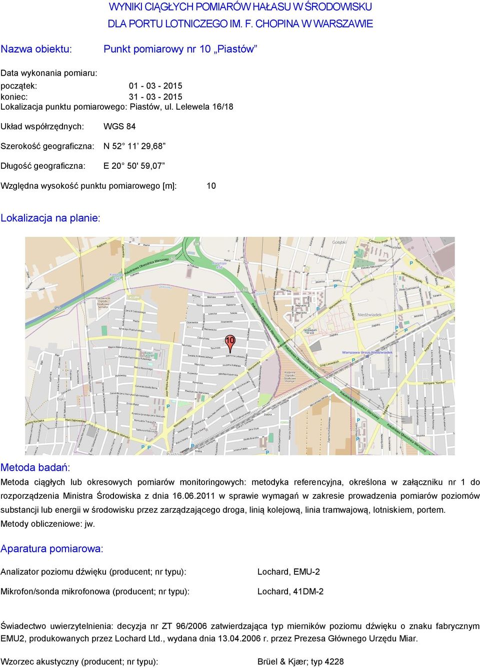 59,07 Względna wysokość punktu pomiarowego [m]: 10 Mikrofon/sonda mikrofonowa