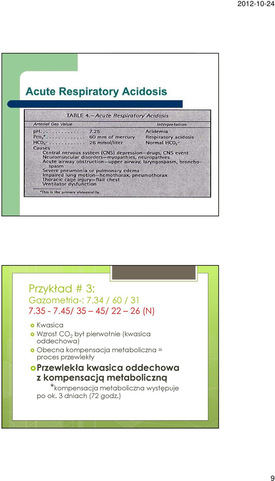 Obecna kompensacja metaboliczna = proces przewlekły Przewlekła kwasica