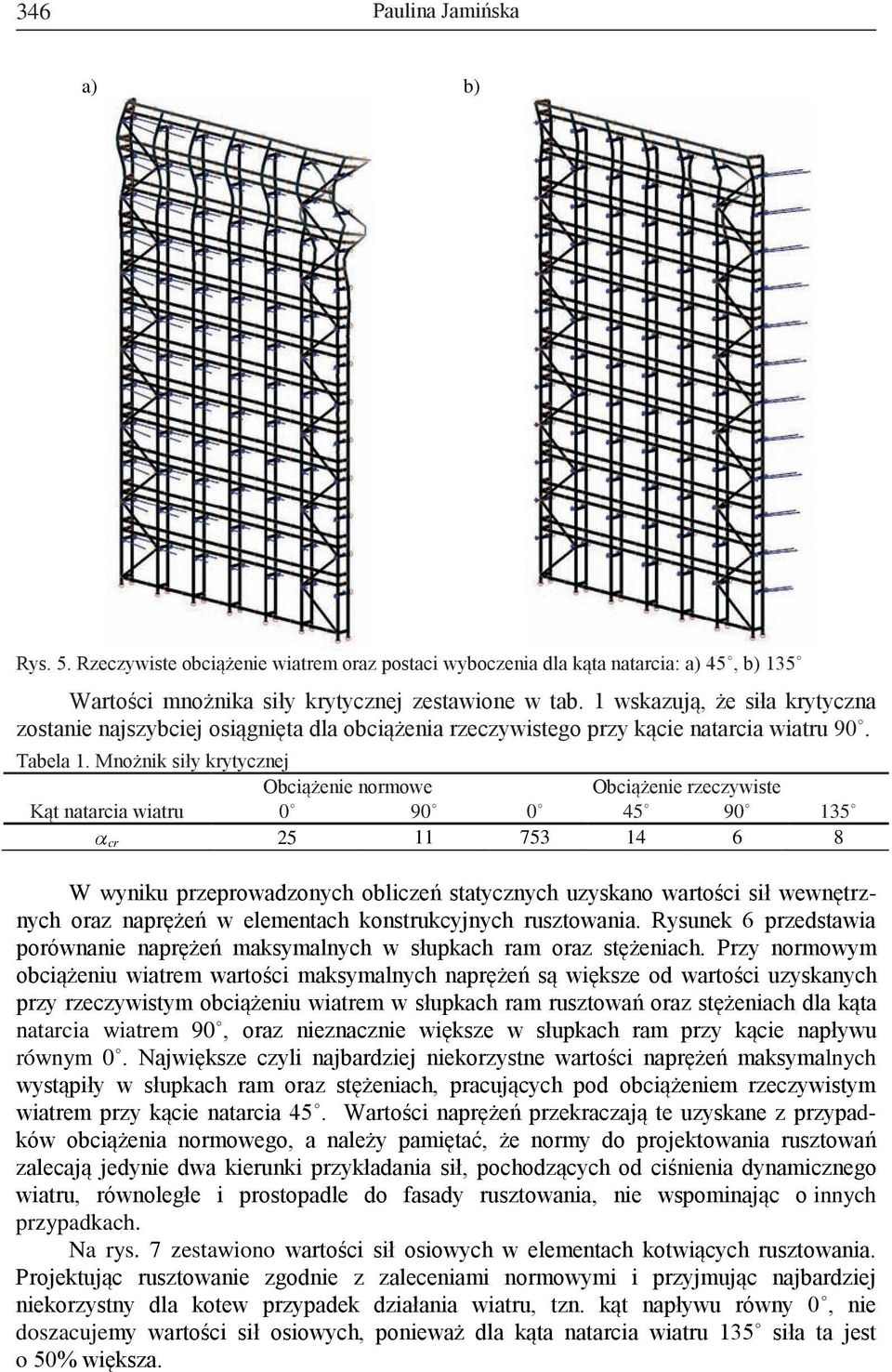 Mnożnik siły krytycznej Obciążenie normowe Obciążenie rzeczywiste Kąt natarcia wiatru 0 90 0 45 90 135 a cr 25 11 753 14 6 8 W wyniku przeprowadzonych obliczeń statycznych uzyskano wartości sił