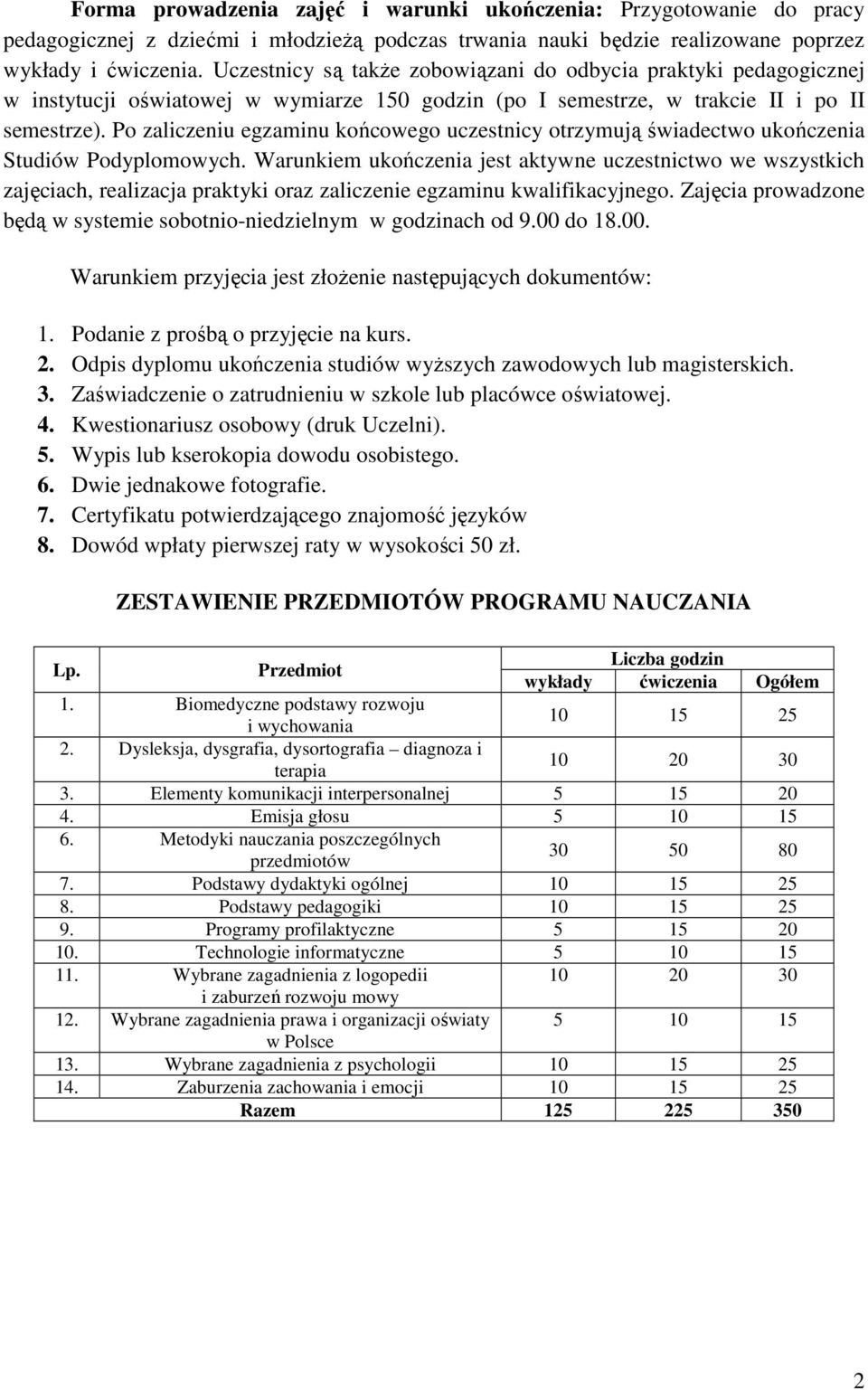 Po zaliczeniu egzaminu końcowego uczestnicy otrzymują świadectwo ukończenia Studiów Podyplomowych.