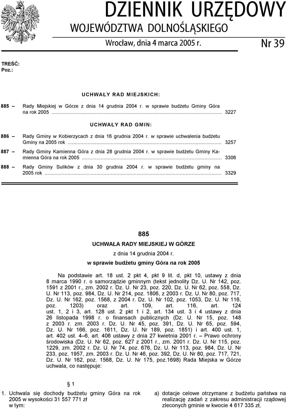.. 3257 887 Rady Gminy Kamienna Góra z dnia 28 grudnia 2004 r. w sprawie budżetu Gminy Kamienna Góra na rok 2005... 3306 888 Rady Gminy Sulików z dnia 30 grudnia 2004 r.